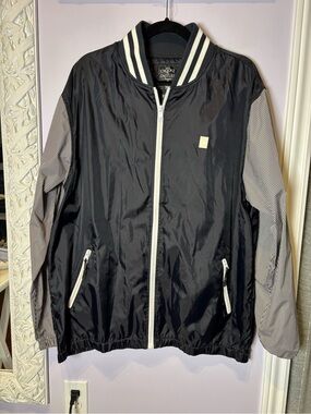 Crooks & Castles Black Windbreaker with White Trim and Patterned Sleeves XL